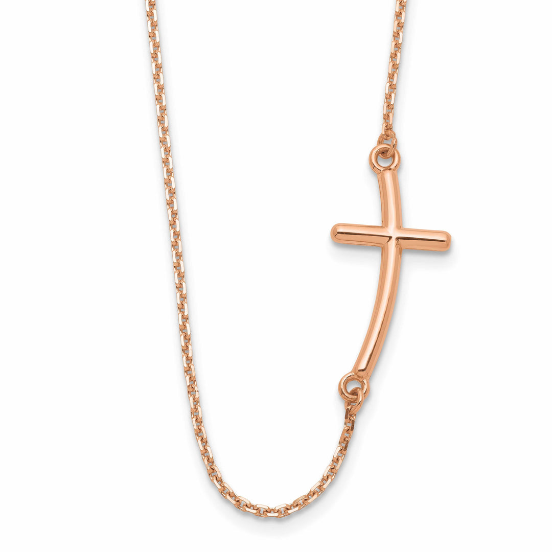 14k Rose Gold Polished Finish Large Size Sideways Curved Cross Design Pendant in a 19-Inch Cable Chain Necklace Set