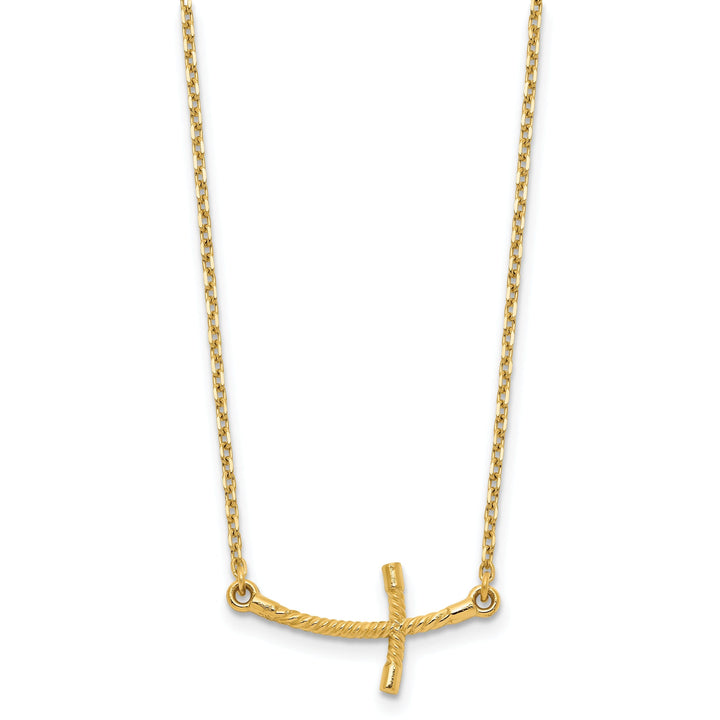 14k Yellow Gold Polished Finish Small Size Sideways Curved Twist Design Cross Pendant in a 19-Inch Cable Chain Necklace Set
