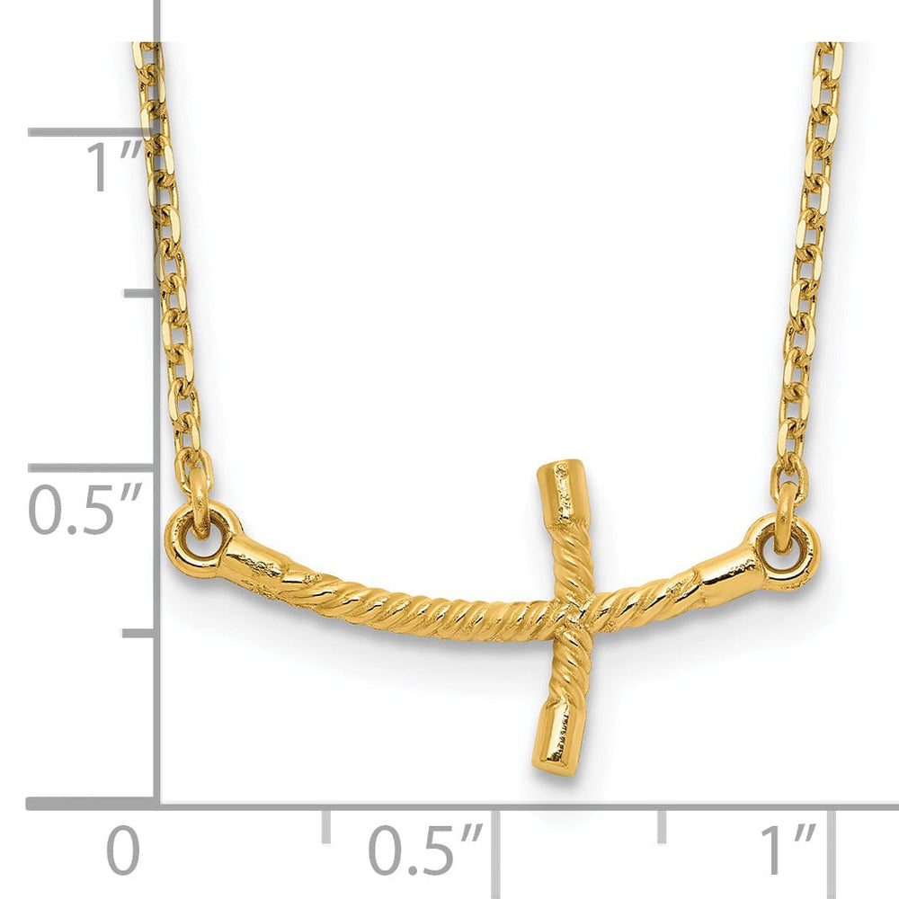 14k Yellow Gold Polished Finish Small Size Sideways Curved Twist Design Cross Pendant in a 19-Inch Cable Chain Necklace Set