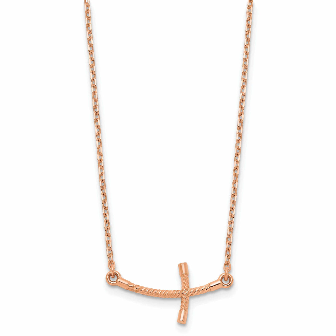 14k Rose Gold Polished Finish Small Size Sideways Curved Twist Design Cross Pendant in a 19-Inch Cable Chain Necklace Set