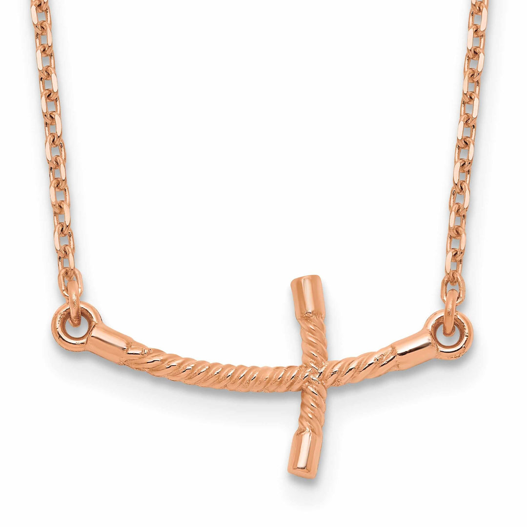 14k Rose Gold Polished Finish Small Size Sideways Curved Twist Design Cross Pendant in a 19-Inch Cable Chain Necklace Set