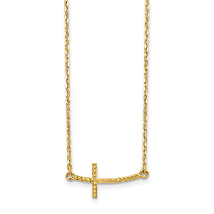 14k Yellow Gold Polished Textured Finish Sideways Curved Shape Cross Pendant in a 19-Inch Cable Chain Necklace Set