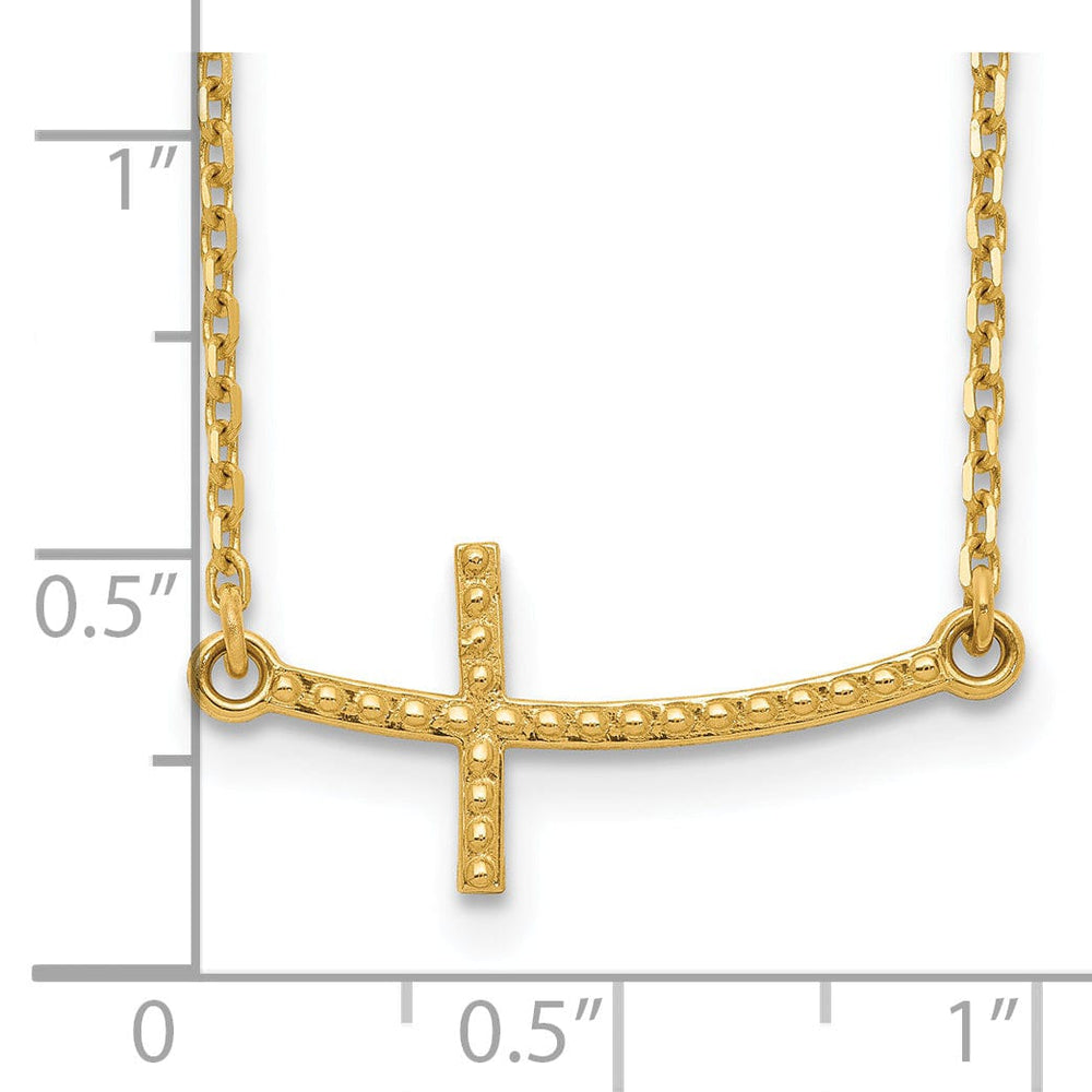 14k Yellow Gold Polished Textured Finish Sideways Curved Shape Cross Pendant in a 19-Inch Cable Chain Necklace Set