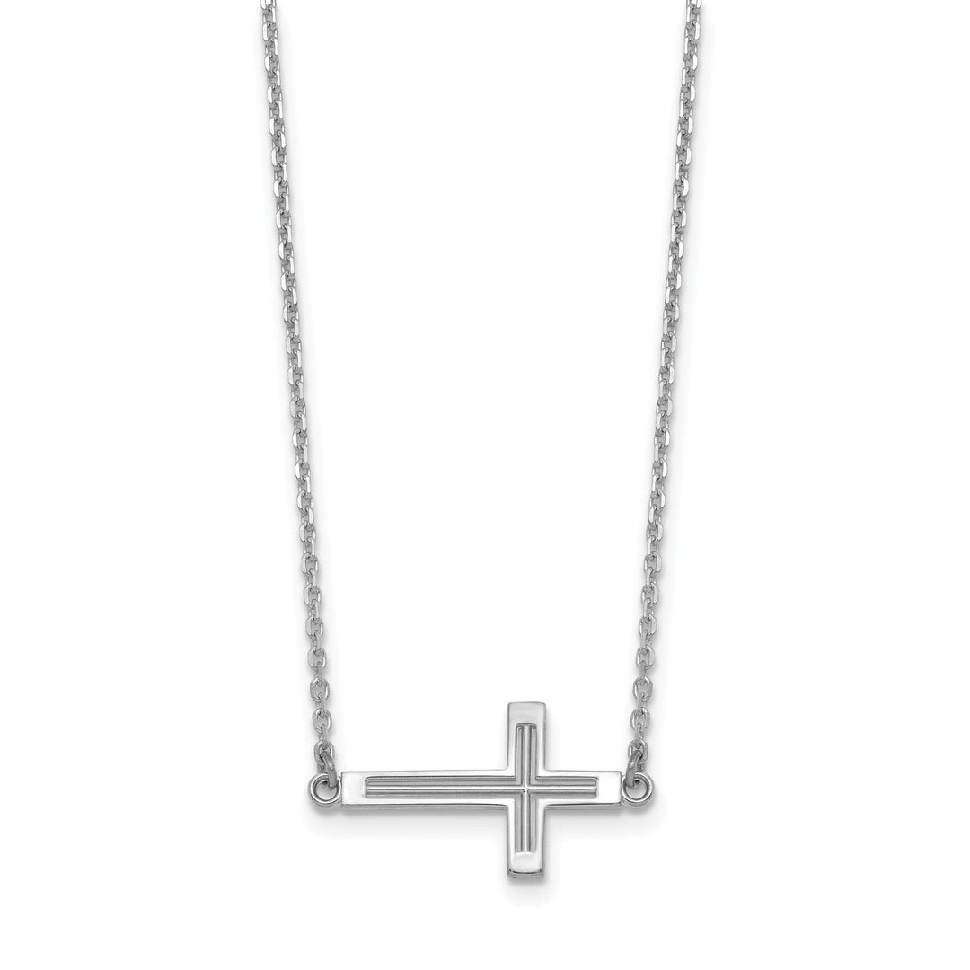 14k White Gold Polished Finish Sideway Cross Cut Out Design Pendant in a 19-Inch Cable Chain Necklace Set