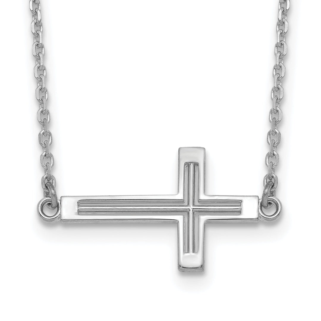 14k White Gold Polished Finish Sideway Cross Cut Out Design Pendant in a 19-Inch Cable Chain Necklace Set