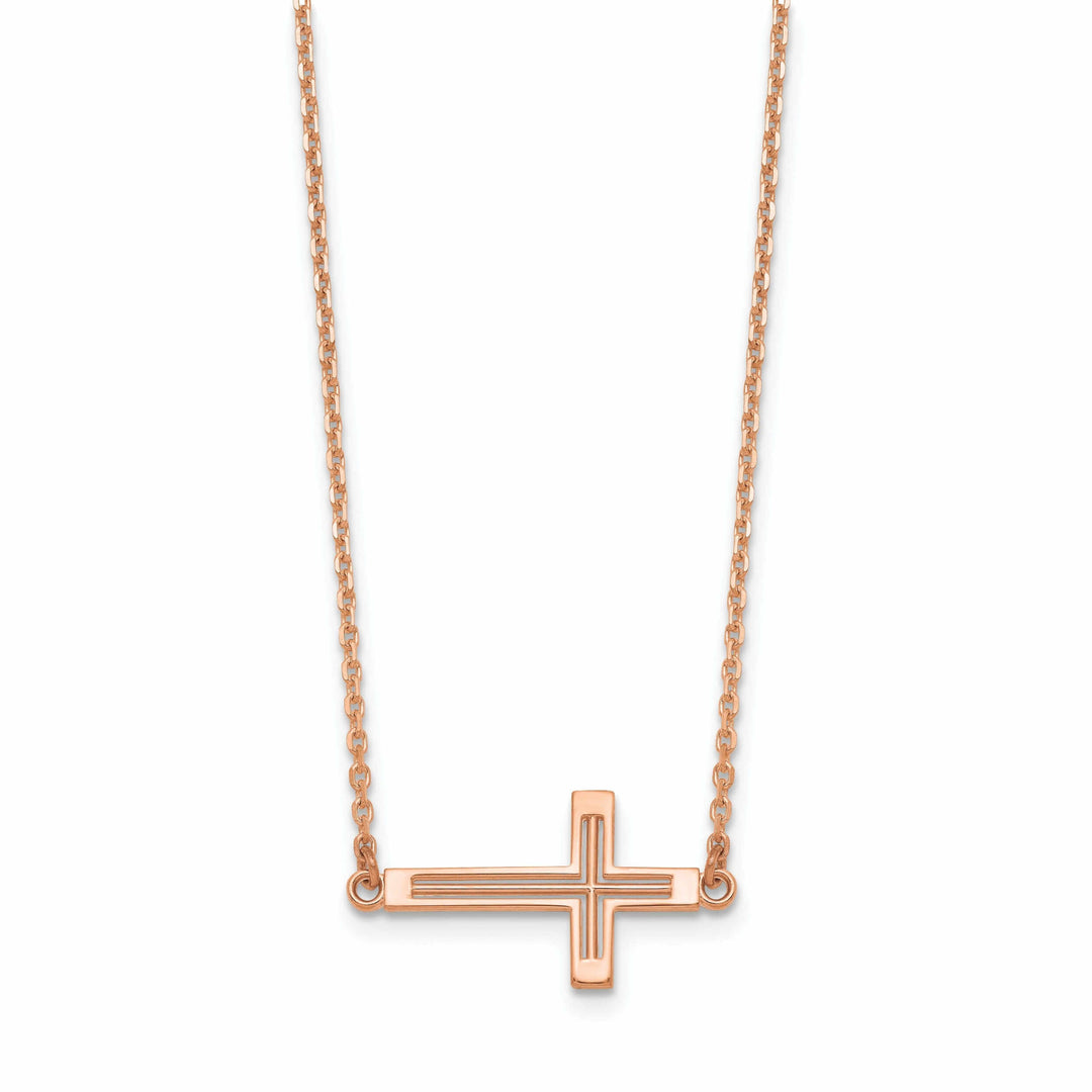 14k Rose Gold Polished Finish Sideway Cross Cut Out Design Pendant in a 19-Inch Cable Chain Necklace Set