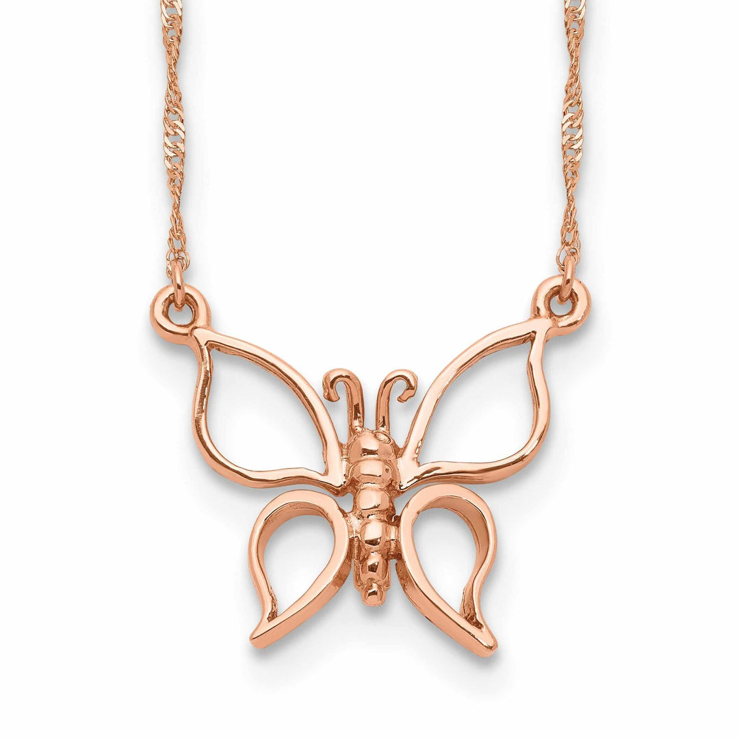 14k Rose Gold Polished Finish Solid Butterfly Design Pendant in a 17-inch Singapore Chain Necklace Set