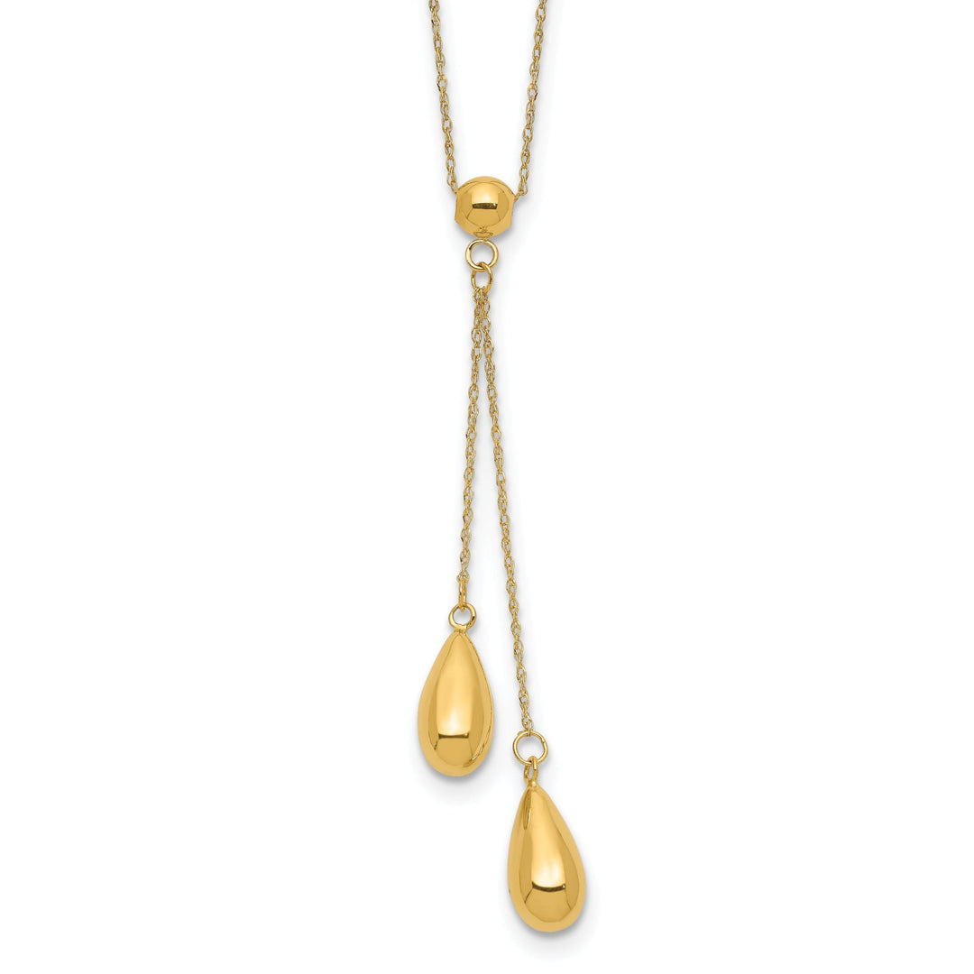 14k Yellow Gold Solid Polished Finish 2-Dangle Pendant Beads Style with 18-inch Fancy Chain Necklace Set