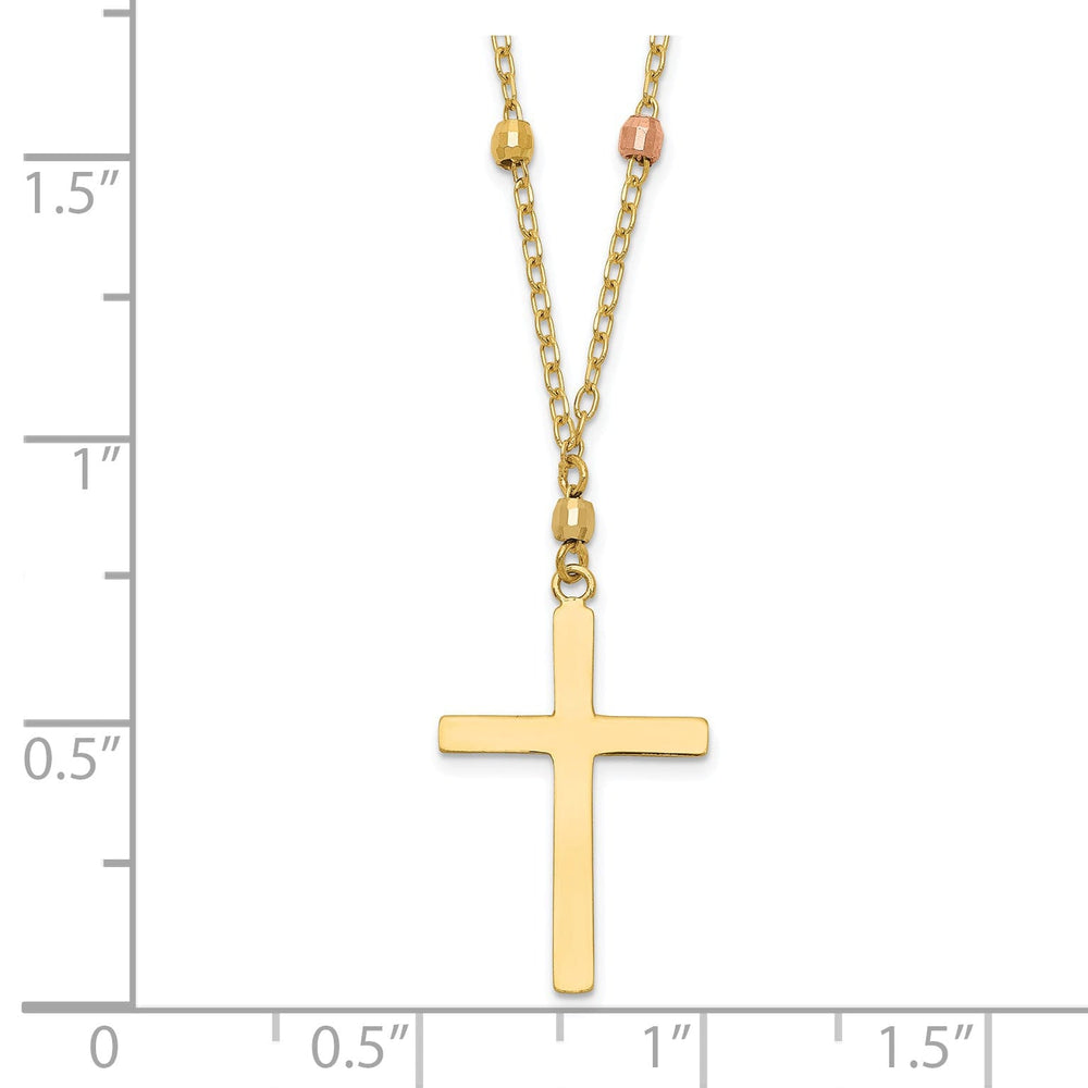 14K Tri Color Gold Soild Polished Diamond Cut Finish Beaded Cross Design Pendant in a 18-Inch Cable Chain Necklace Set
