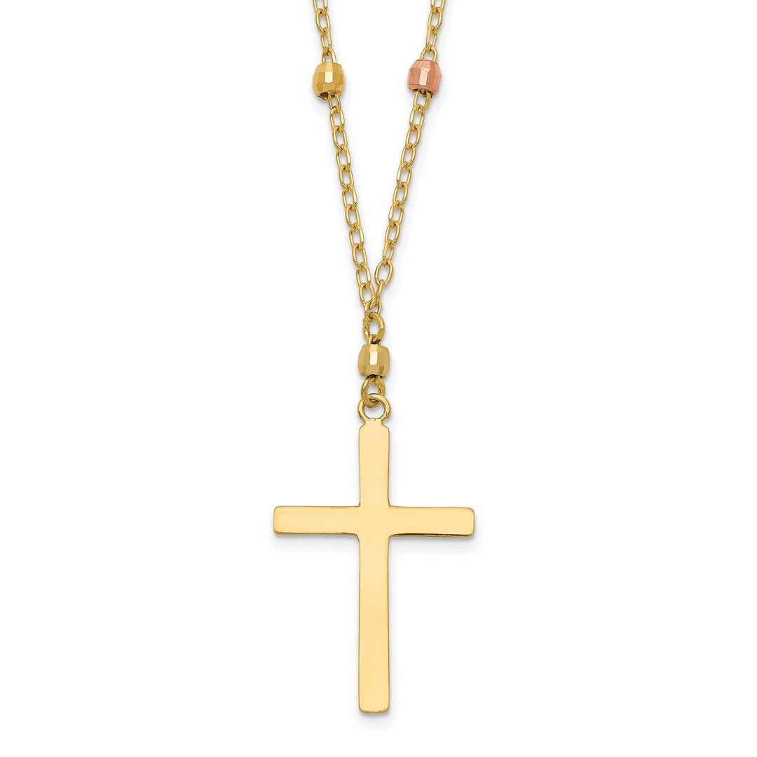 14K Tri Color Gold Soild Polished Diamond Cut Finish Beaded Cross Design Pendant in a 18-Inch Cable Chain Necklace Set