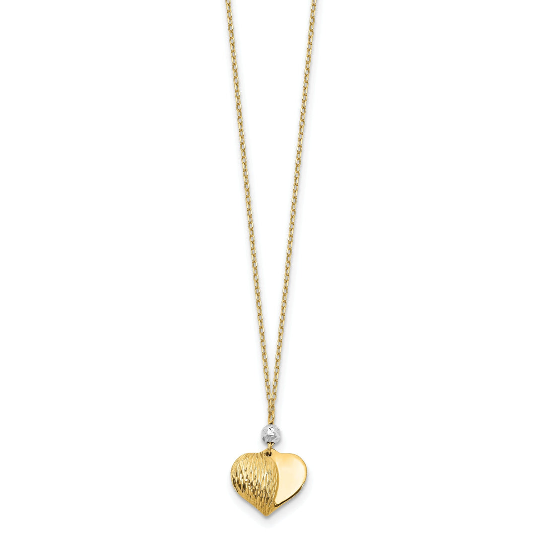14K Two Tone Gold Solid Polished Diamond Cut Finish Puffed Heart Design Pendant in a 18-Inch Cable Chain Necklace Set
