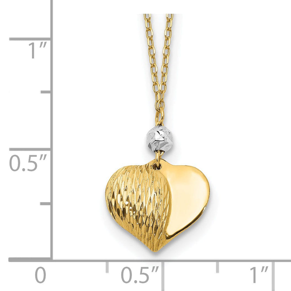 14K Two Tone Gold Solid Polished Diamond Cut Finish Puffed Heart Design Pendant in a 18-Inch Cable Chain Necklace Set