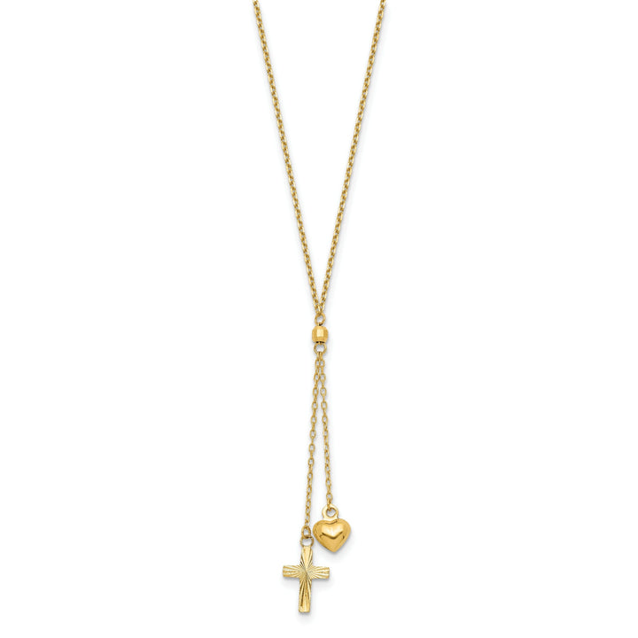 14K Yellow Gold Diamond Cut Polished Finish Puffed Heart & Cross Design Pendants in a 16-Inch, 2-Inch Extention Cable Chain Necklace Set