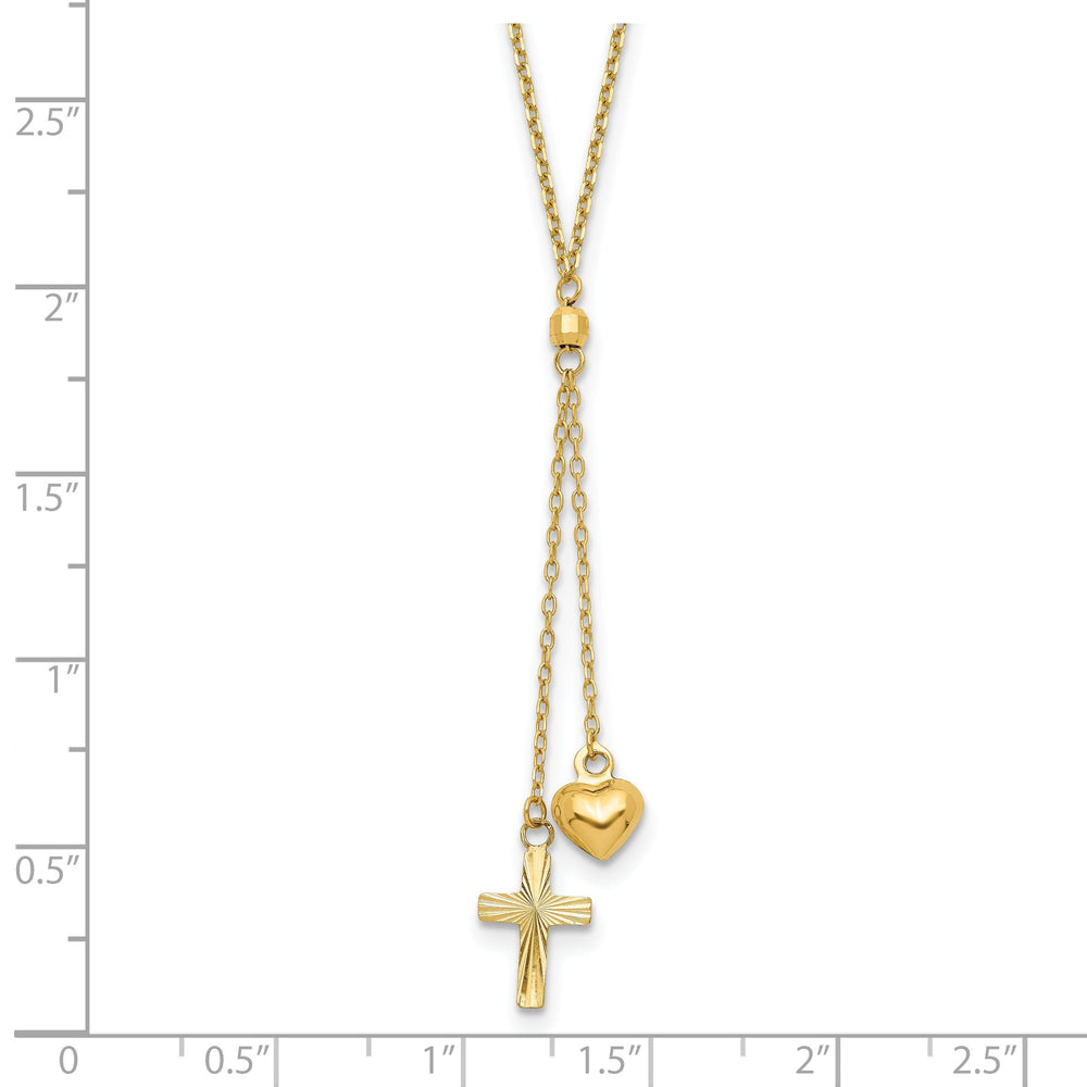 14K Yellow Gold Diamond Cut Polished Finish Puffed Heart & Cross Design Pendants in a 16-Inch, 2-Inch Extention Cable Chain Necklace Set