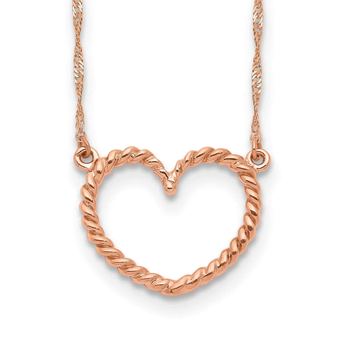 14k Rose Gold Solid Polished Textured Finish Heart Pendant Design in a 17-Inch Singapore Chain Necklace Set