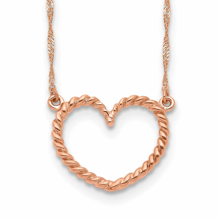 14k Rose Gold Solid Polished Textured Finish Heart Pendant Design in a 17-Inch Singapore Chain Necklace Set