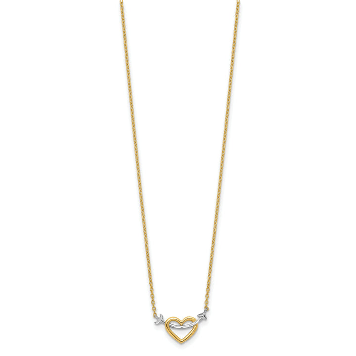 14k Yellow Gold, White Rhodium Polished D.C Finish Arrow in Heart Design Pendant in a 17-Inch Necklace Set