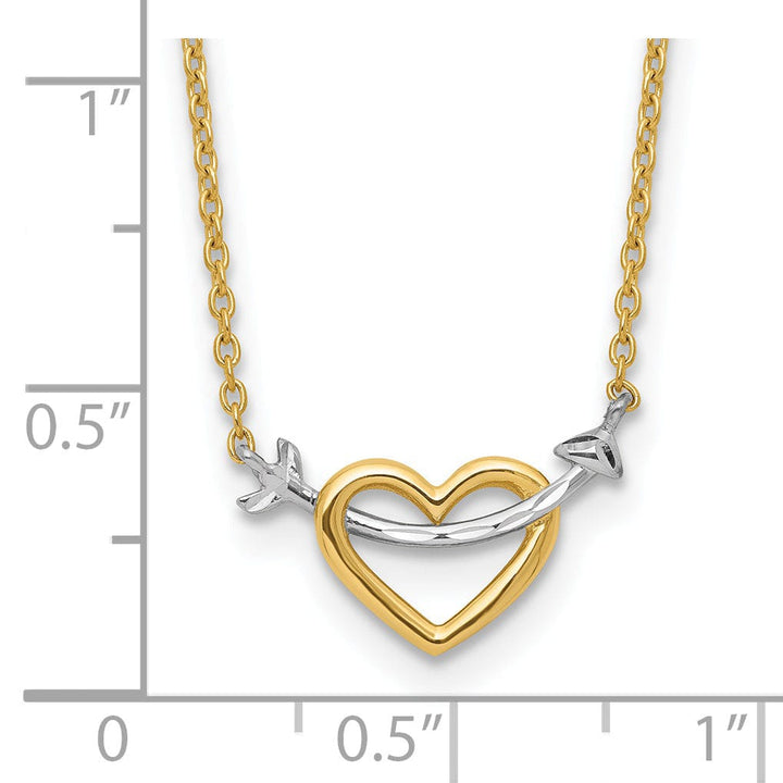 14k Yellow Gold, White Rhodium Polished D.C Finish Arrow in Heart Design Pendant in a 17-Inch Necklace Set