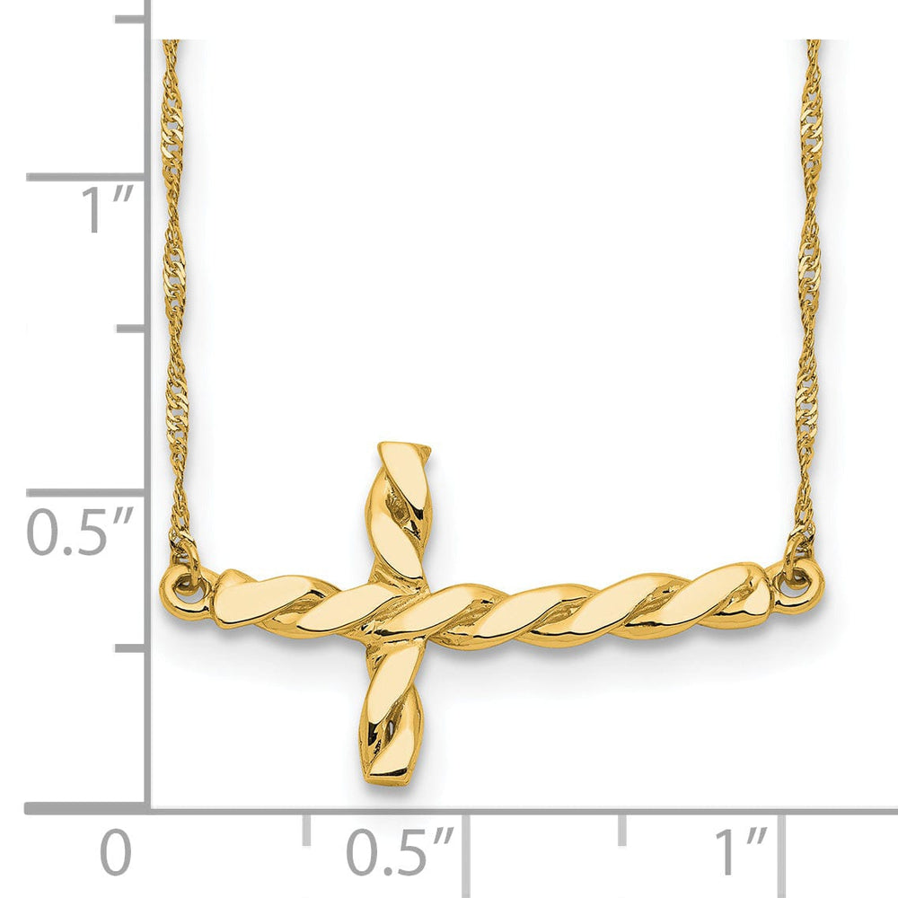 14k Yellow Gold Polished Finish Solid Twisted Sideways Cross Pendant Design in a 17-Inch Rope Chain Necklace Set