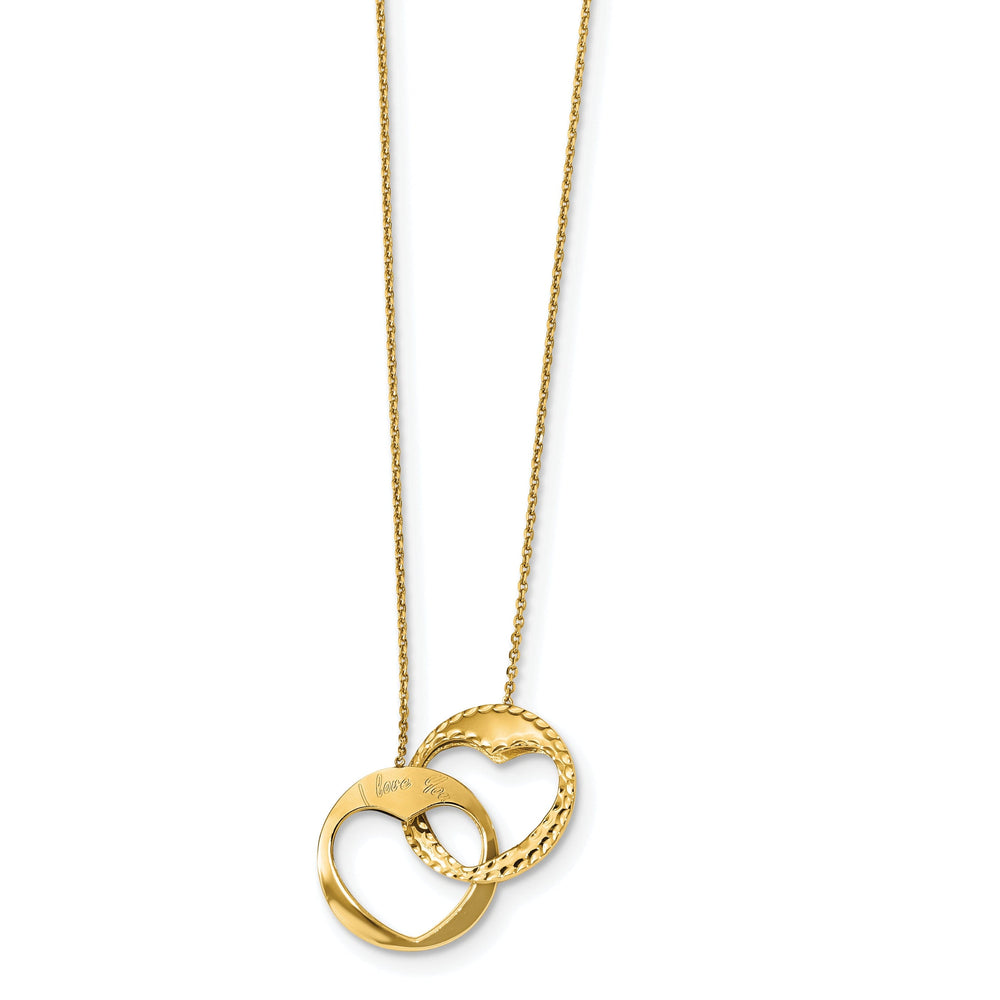 14k Yellow Gold Polished Finish Double Interlocking Heart Design I Love You in a 17-Inch Cable Chain Necklace Set