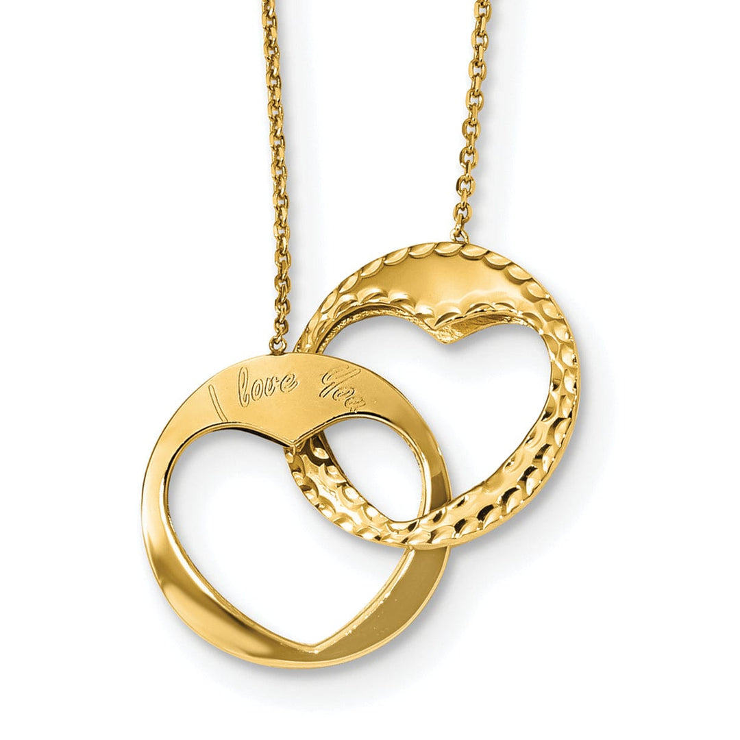14k Yellow Gold Polished Finish Double Interlocking Heart Design I Love You in a 17-Inch Cable Chain Necklace Set