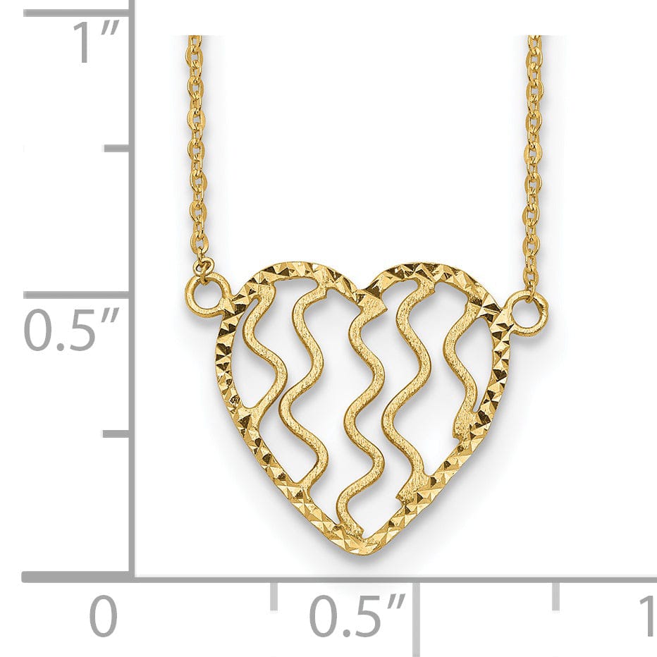 14k Yellow Gold Solid Polished, Satin, Diamond Cut Finish Heart in Swirl Design Pendant in a 18-Inch Cable Chain Necklace Set