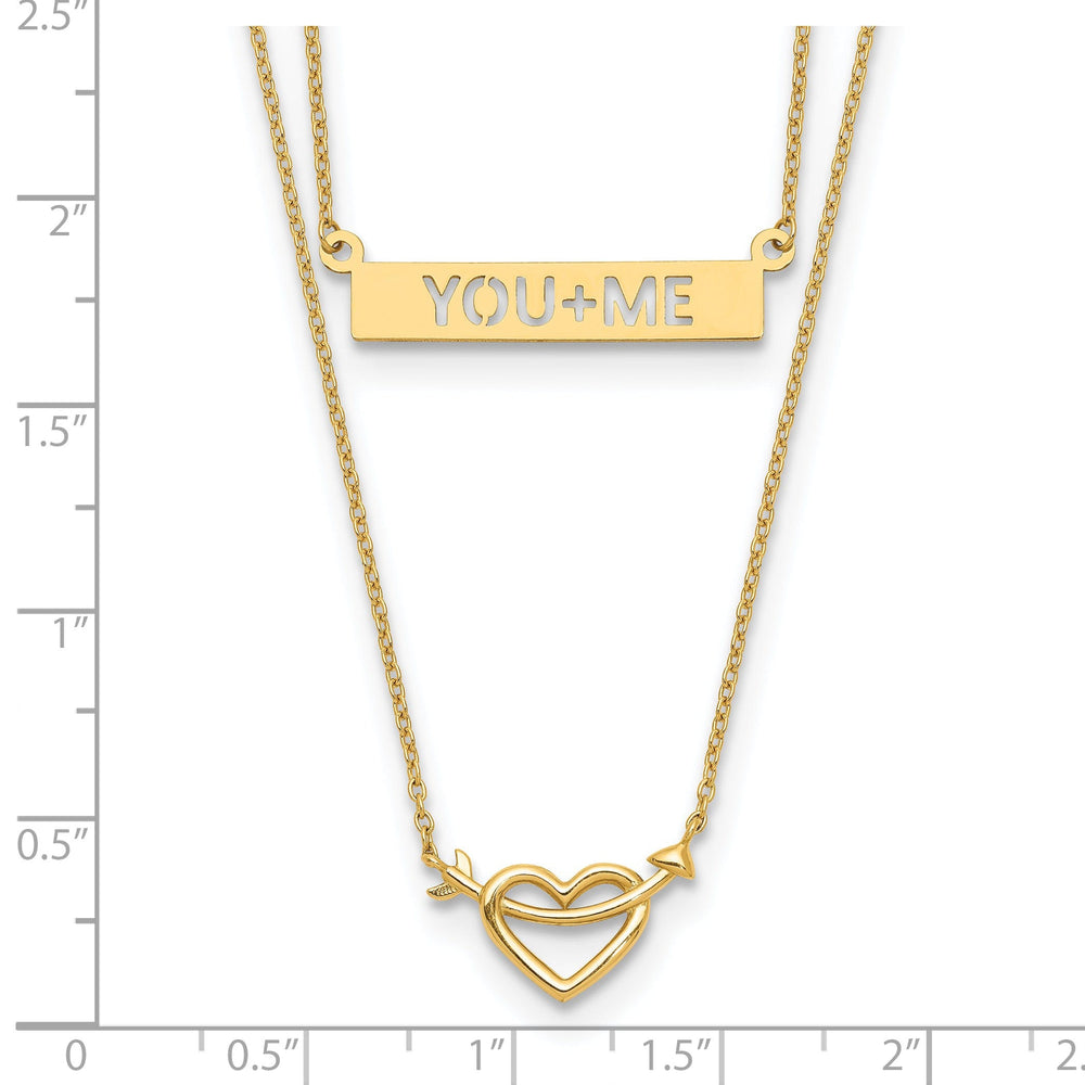 14k Yellow Gold Solid Polished Finish 2-Strand Heart & Arrow Design You+ME Bar with 17-inch Cable Chain Necklace
