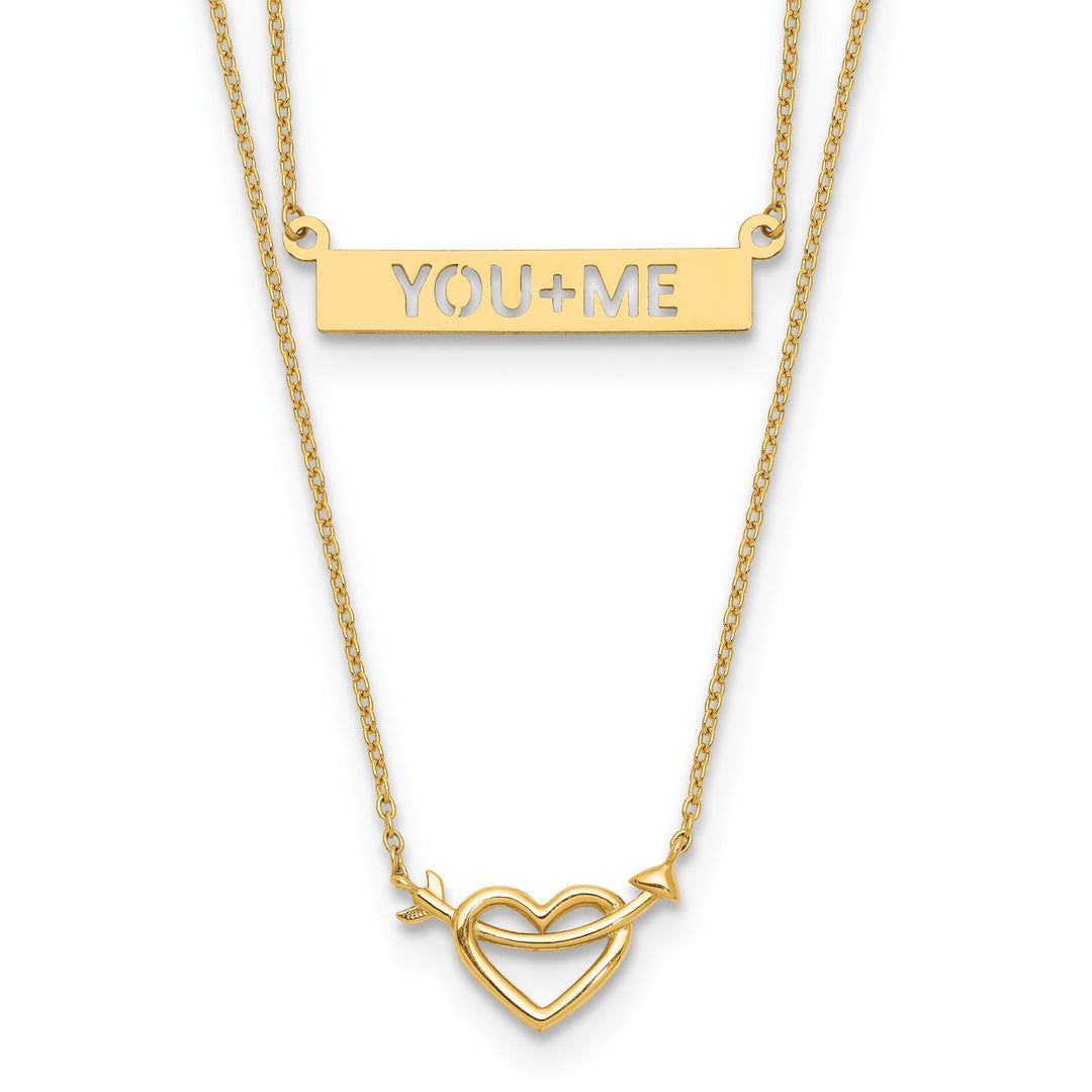14k Yellow Gold Solid Polished Finish 2-Strand Heart & Arrow Design You+ME Bar with 17-inch Cable Chain Necklace