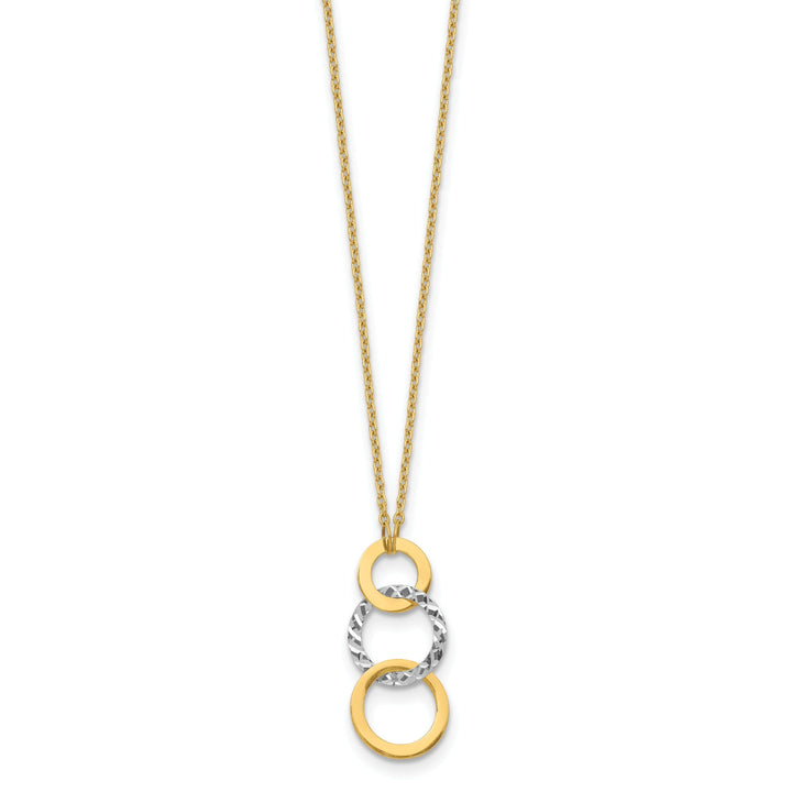 14k Two Tone Gold Solid Polished Diamond Cut Finish Textured 3-Circle Pendants Design with 17-inch Cable Chain Fancy Necklace Set