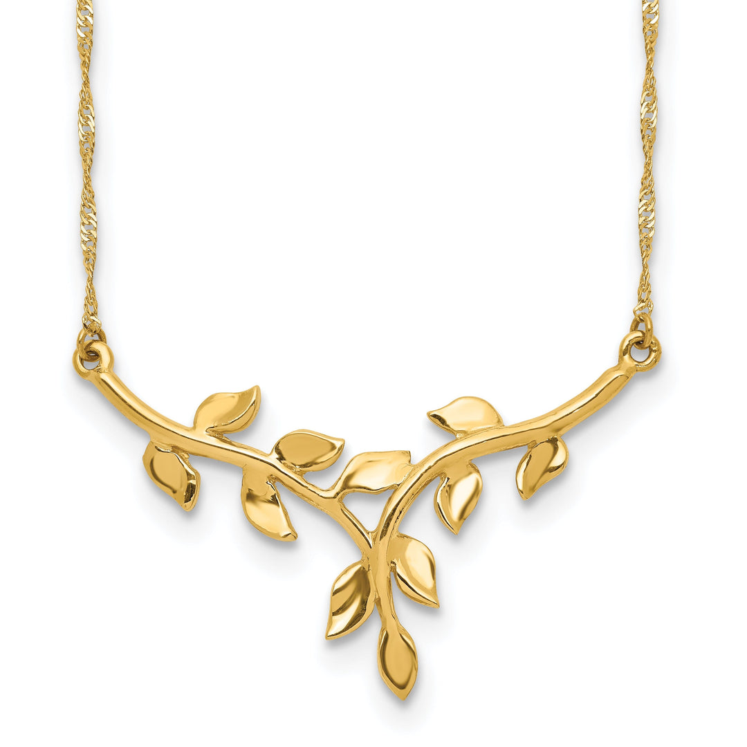 14K Yellow Gold Polished Finish Leaf Shape Design Pendant in a 17-inch Singapore Chain Necklace Set