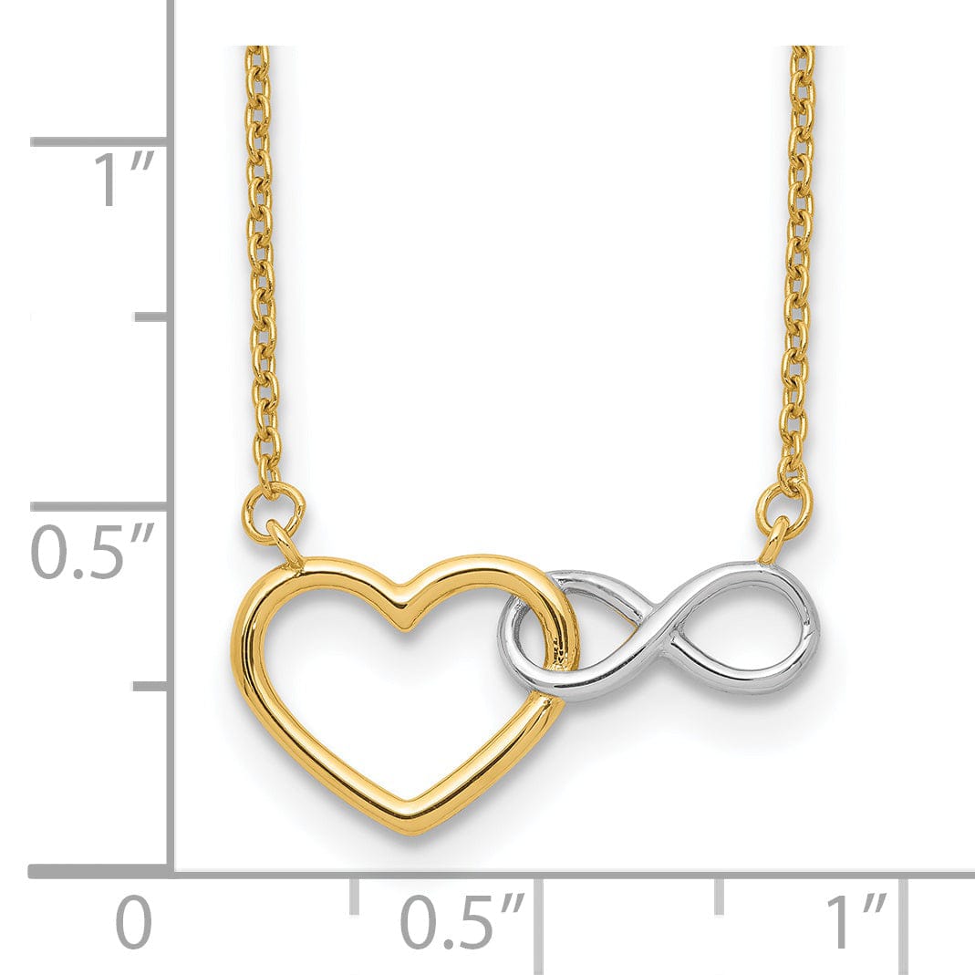 14K Yellow Gold, White Rhodium Polished Finish Heart Shape, Infinity Symbol Pendant Design in a 17-inch Cable Chain Necklace Set