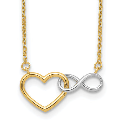 14K Yellow Gold, White Rhodium Polished Finish Heart Shape, Infinity Symbol Pendant Design in a 17-inch Cable Chain Necklace Set