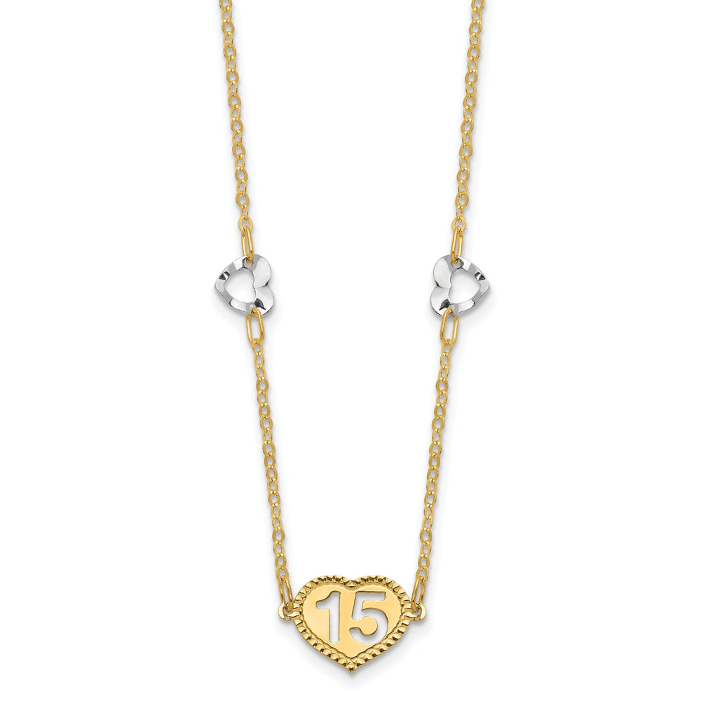 14K Two Tone Gold Textured Polished Finish 15 Heart Pendant Design in a 18.5-Inch with 2-Inch Extention Cable Chain Necklace Set