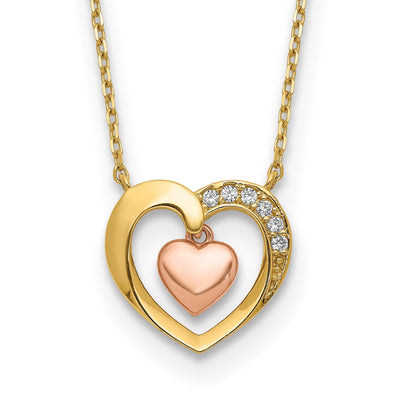 14K Two Tone Gold Polished Heart in Heart Cubic Zirconia Pendant Design in 18-Inch Necklace Set
