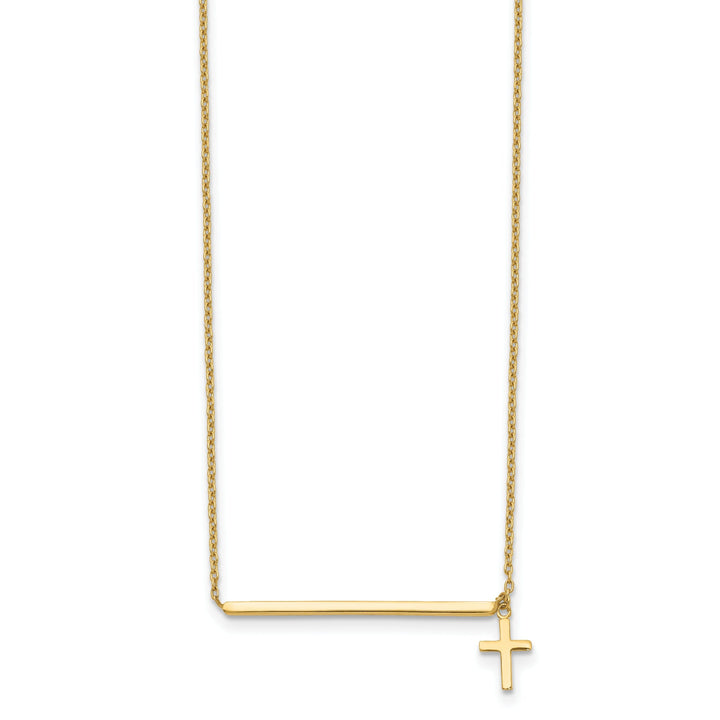 14k Yellow Gold Polished Finish Bar Dangle Cross Pendant Design in a 15-Inch with 2-Inch Extention Cable Chain Necklace Set