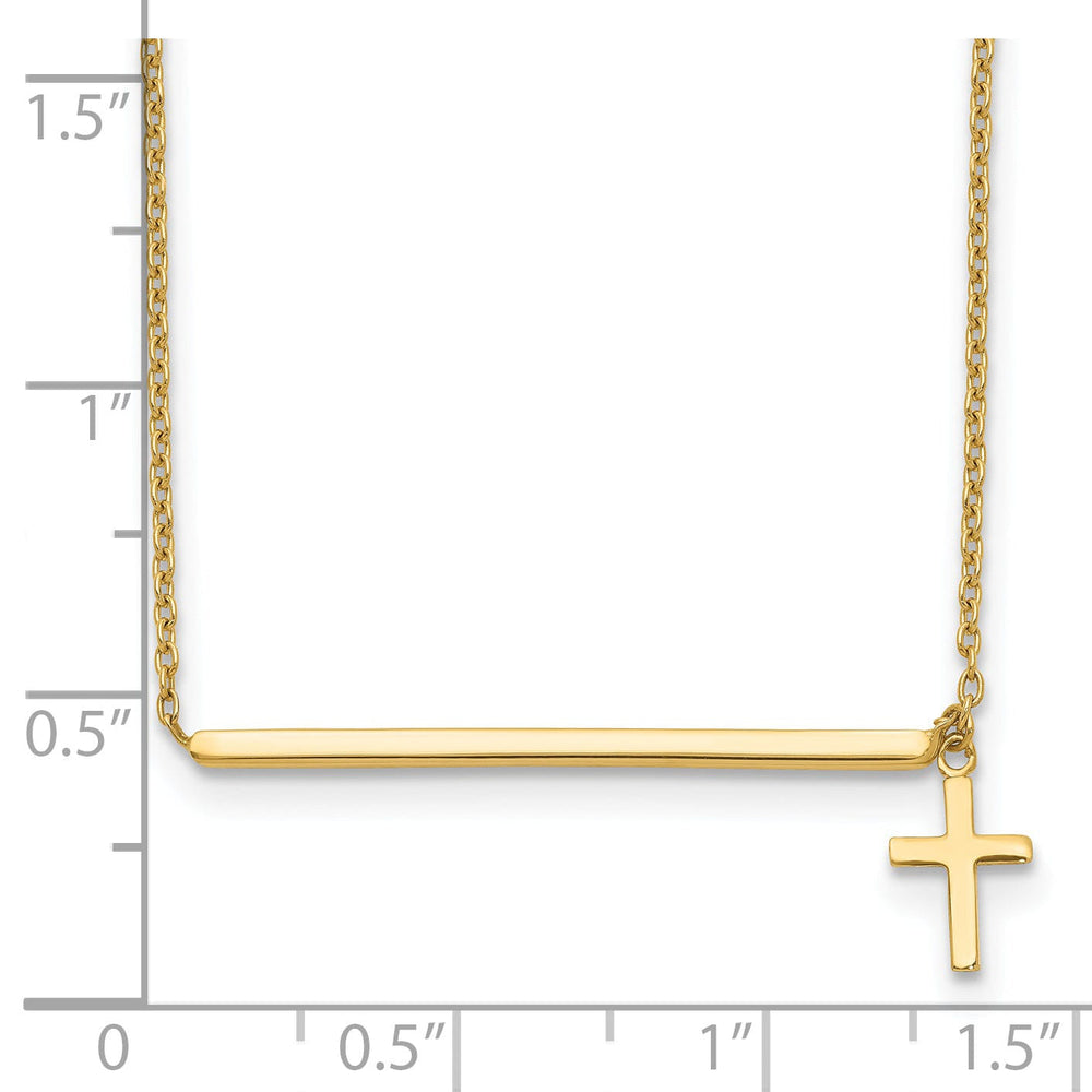 14k Yellow Gold Polished Finish Bar Dangle Cross Pendant Design in a 15-Inch with 2-Inch Extention Cable Chain Necklace Set
