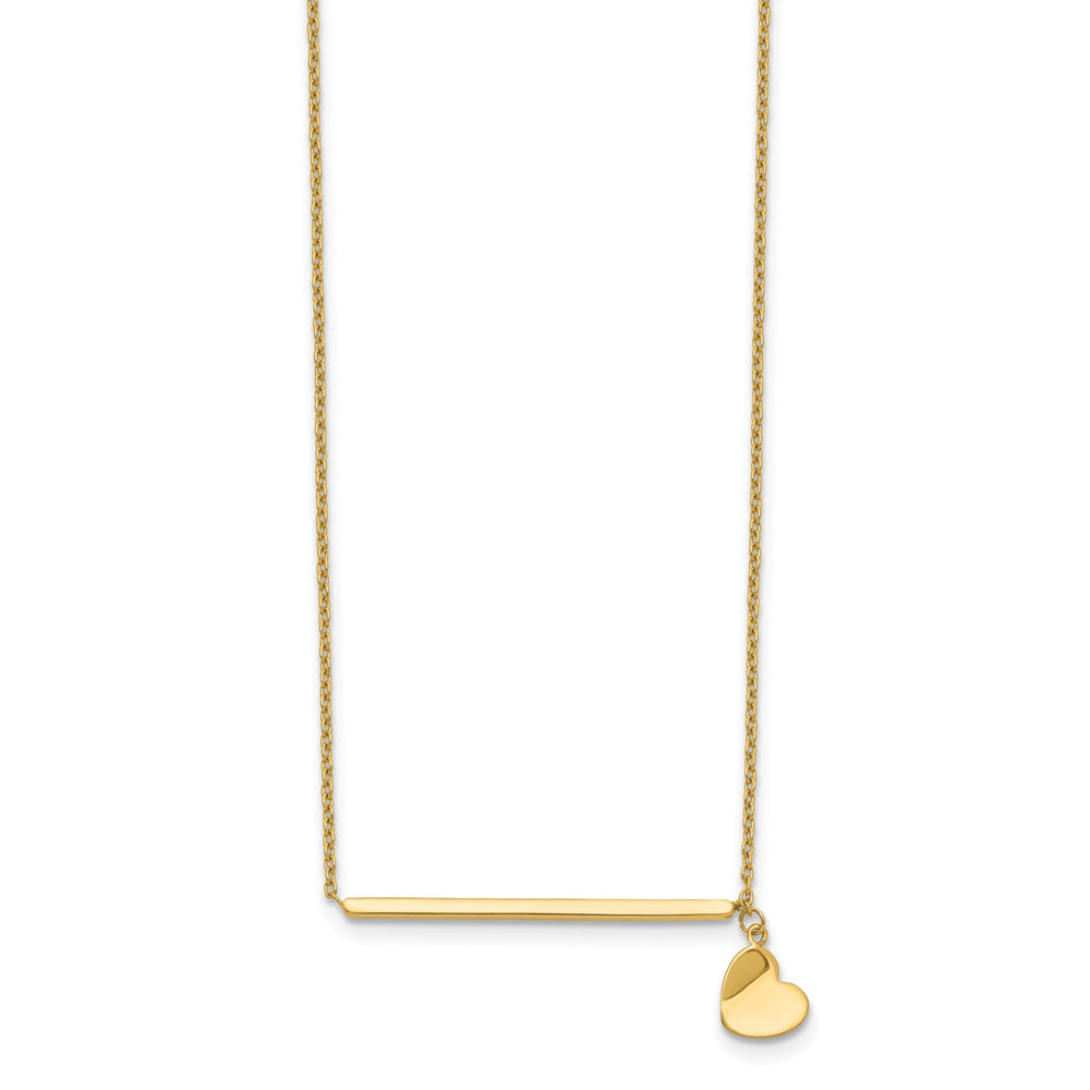 14k Yellow Gold Polished Finish Bar and Heart Design 13-inch Cable Chain with 2-inch ext Necklace