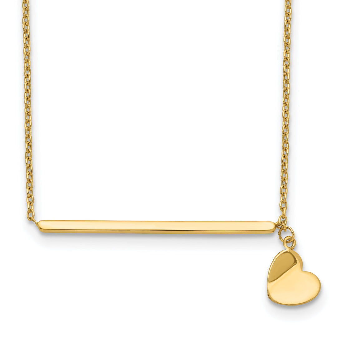 14k Yellow Gold Polished Finish Bar and Heart Design 13-inch Cable Chain with 2-inch ext Necklace