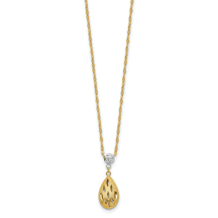 14k Two Tone Gold Satin Diamond Cut Finish Teardrop Dangle Design Pendant with 20-inch, 2-inch Ext Fancy Necklace set