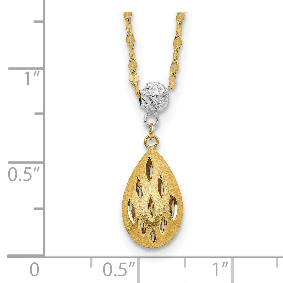 14k Two Tone Gold Satin Diamond Cut Finish Teardrop Dangle Design Pendant with 20-inch, 2-inch Ext Fancy Necklace set
