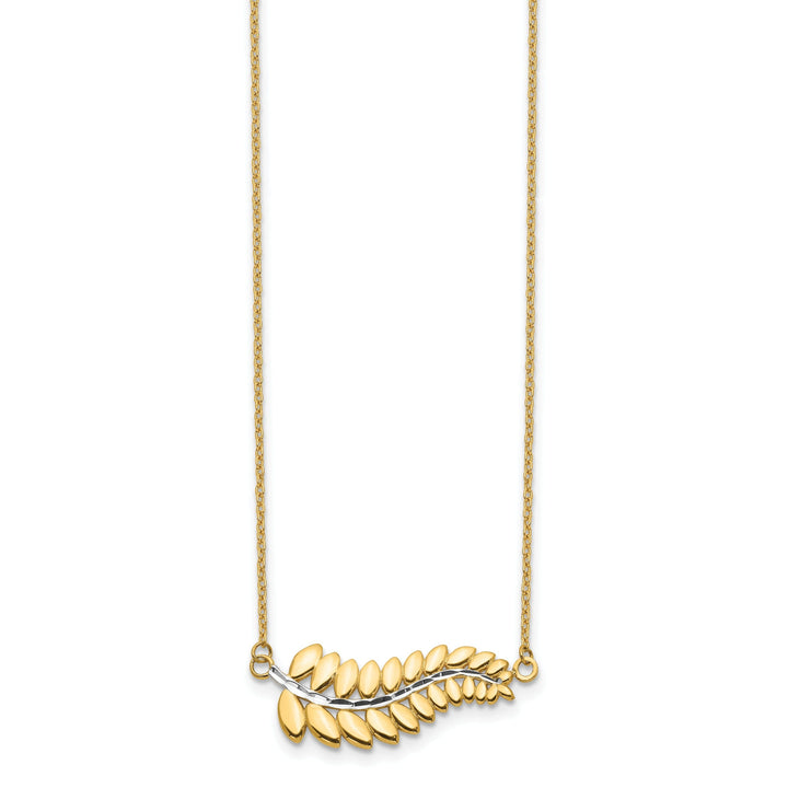 14K Yellow Gold, White Rhodium Polished Finish Fern Leaf Design Pendant in a 17-inch Cable Chain Necklace Set
