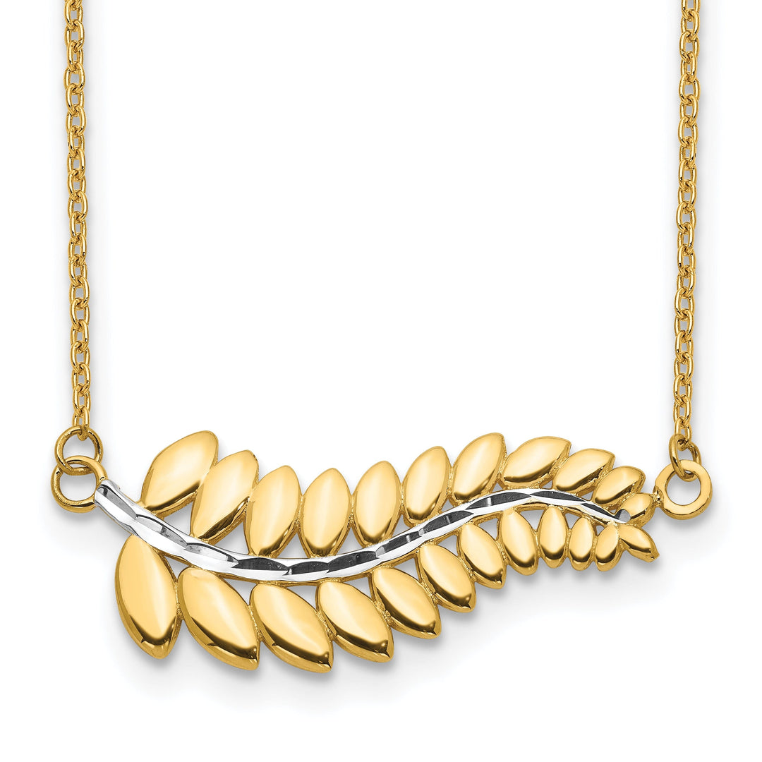 14K Yellow Gold, White Rhodium Polished Finish Fern Leaf Design Pendant in a 17-inch Cable Chain Necklace Set