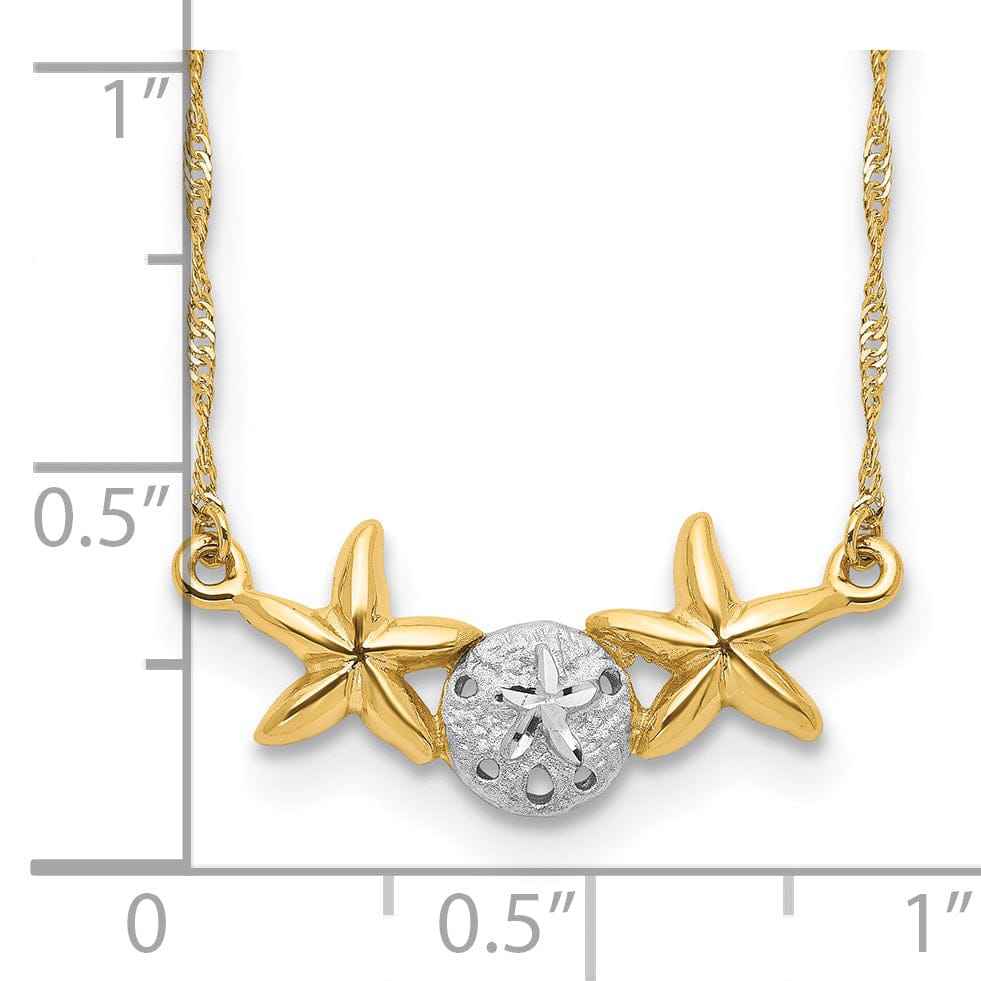 14K Yellow Gold, White Rhodium Brushed, Polished Finish Sand Dollar, Starfish Pendant Design in a 18-inch Cable Chain Necklace Set