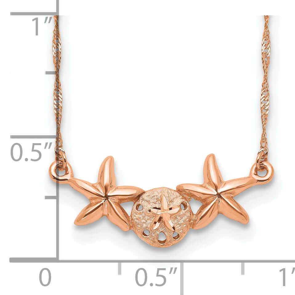 14K Rose Gold Brushed, Polished Finish Sand Dollar, Starfish Pendant Design in a 17-inch Cable Chain Necklace Set