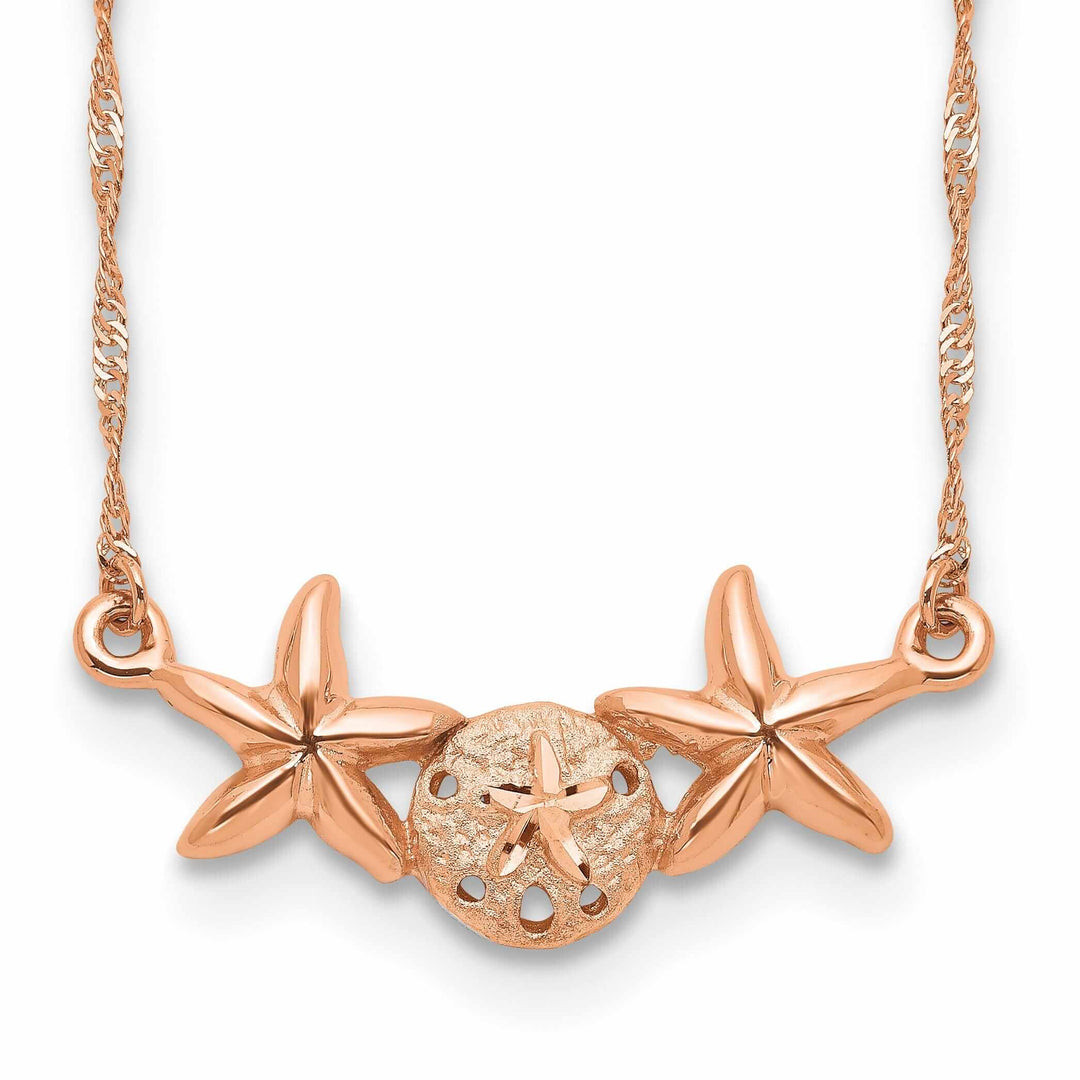 14K Rose Gold Brushed, Polished Finish Sand Dollar, Starfish Pendant Design in a 17-inch Cable Chain Necklace Set