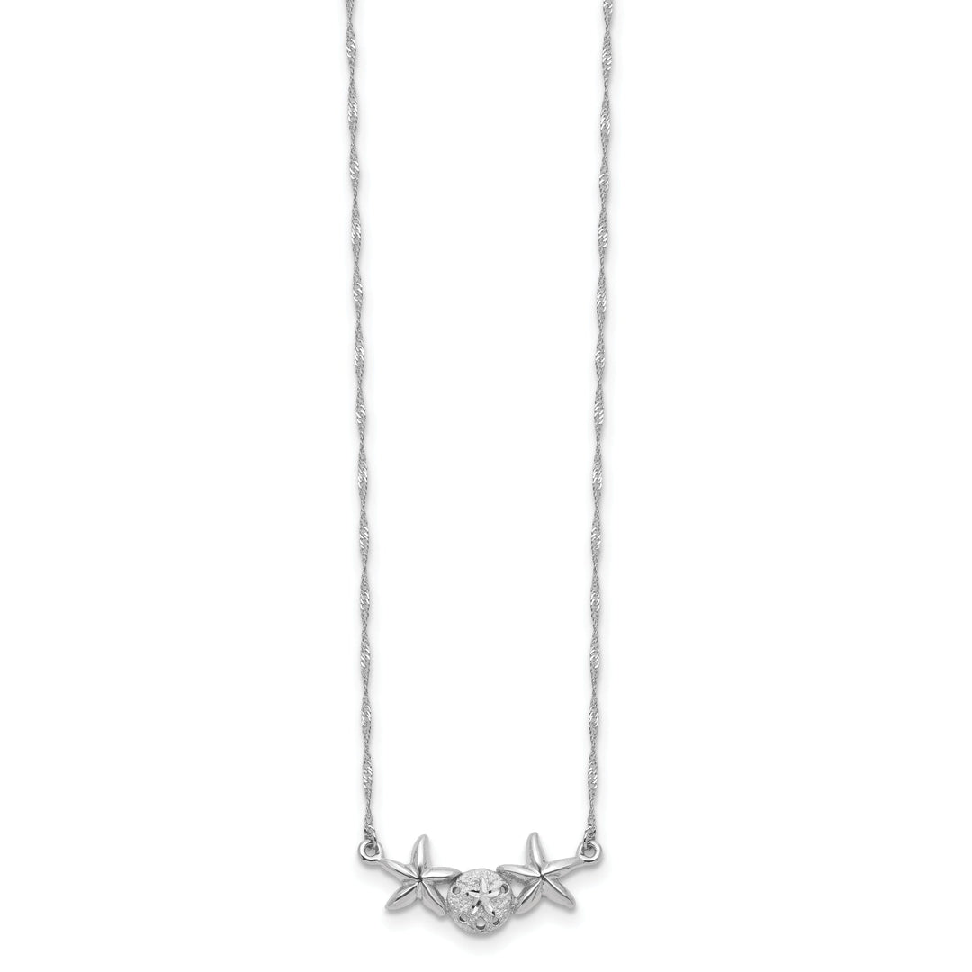 14K White Gold Brushed, Polished Finish Sand Dollar, Starfish Pendant Design in a 17-inch Cable Chain Necklace Set