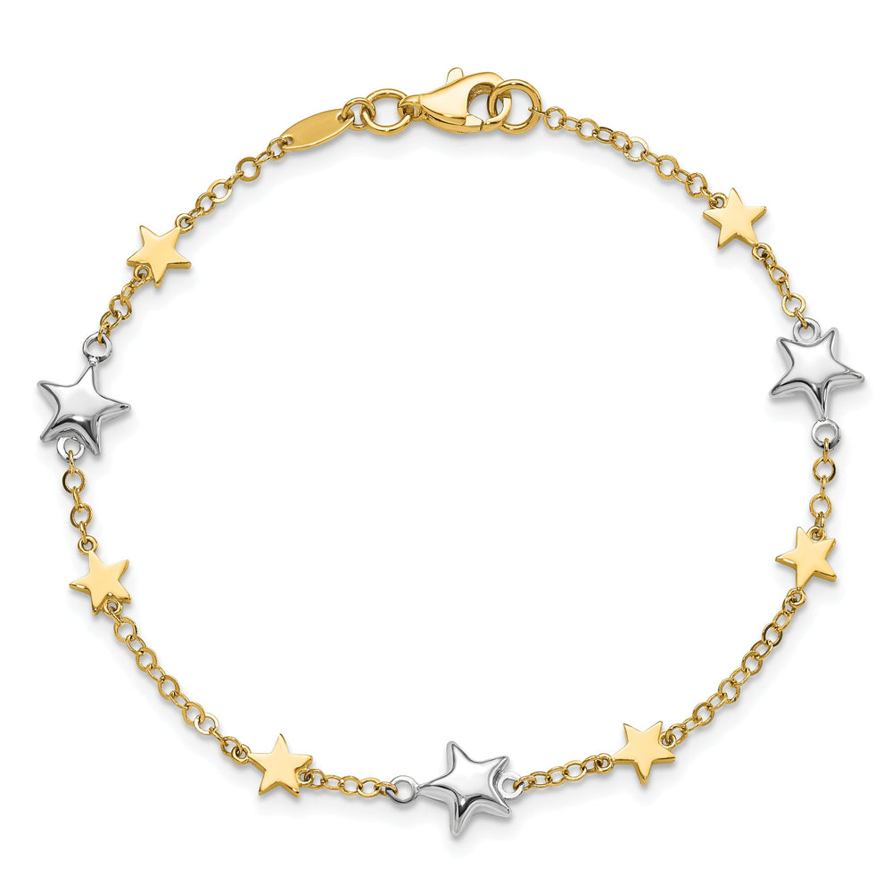 14k two-tone gold bracelet star design on a cable chain. 7.25-inch