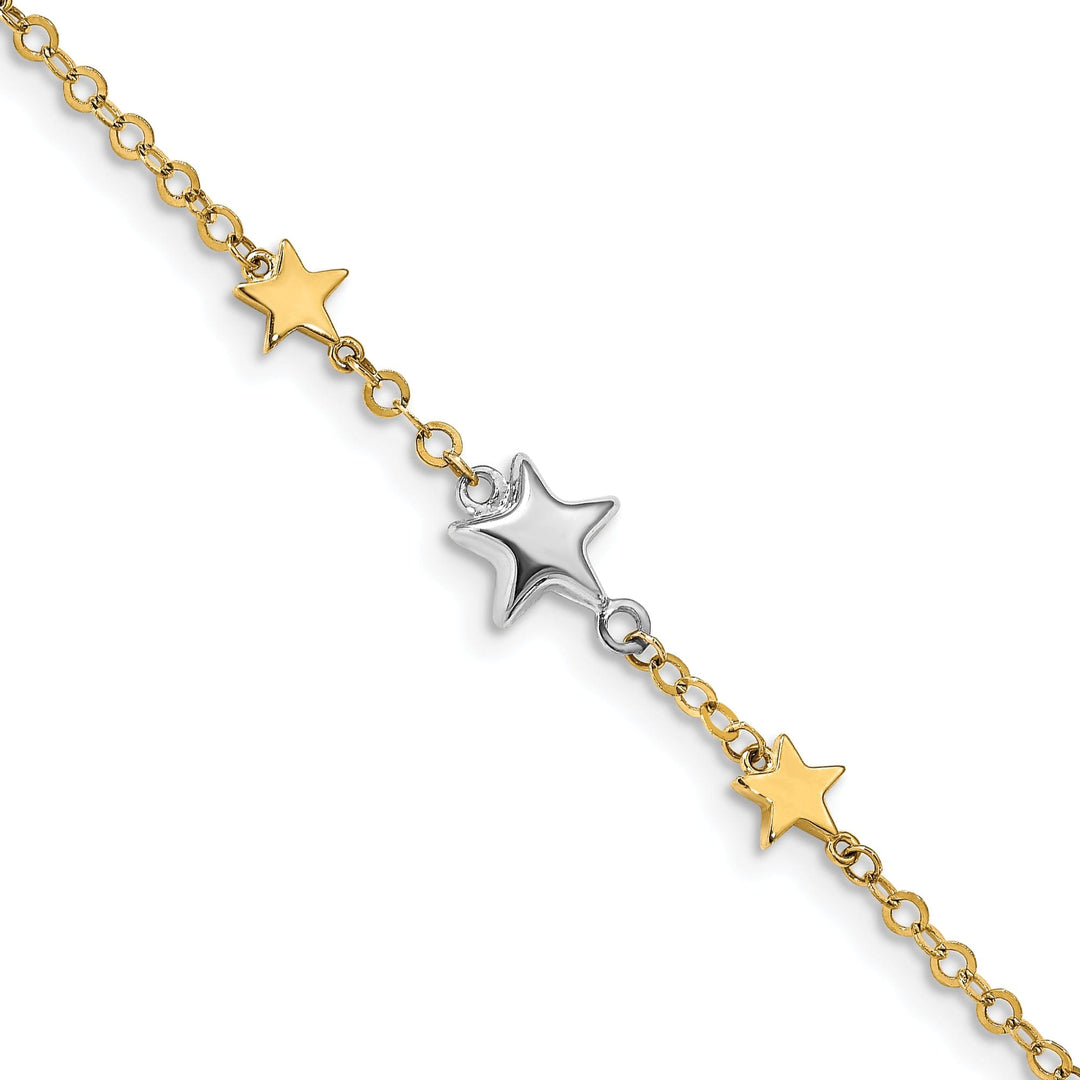14k two-tone gold bracelet star design on a cable chain. 7.25-inch