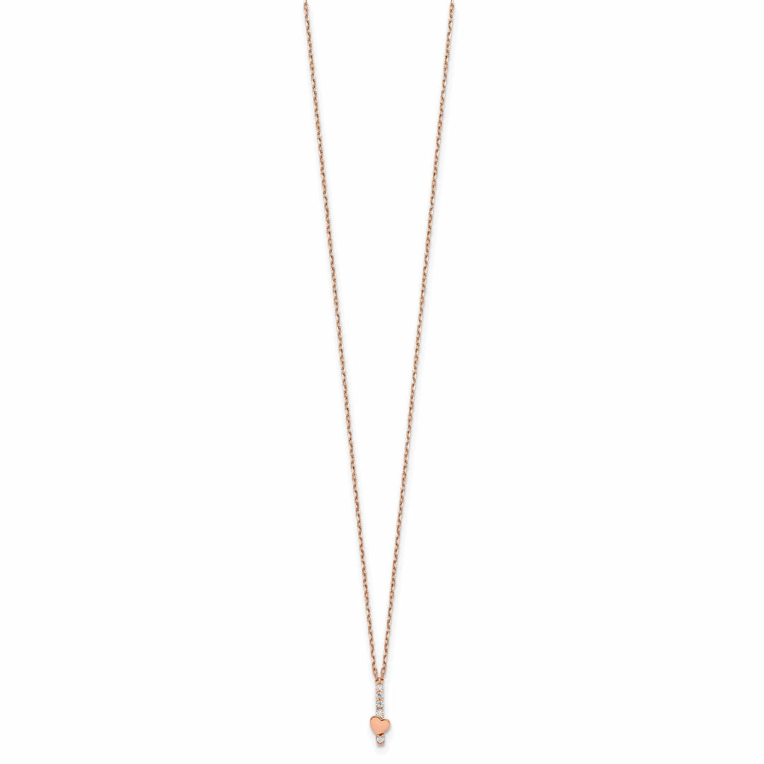 14k Rose Gold Solid Polished Finish Cubic Zirconia Heart Design with 1.25 in ext 15-inch Cable Chain Necklace