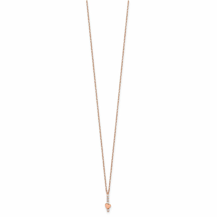14k Rose Gold Solid Polished Finish Cubic Zirconia Heart Design with 1.25 in ext 15-inch Cable Chain Necklace